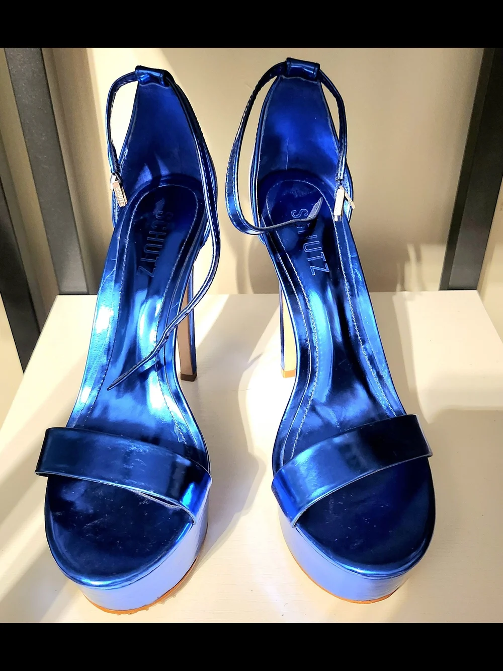 SCHUTZ Metallic Cobalt Blue Platform Stiletto Sandals